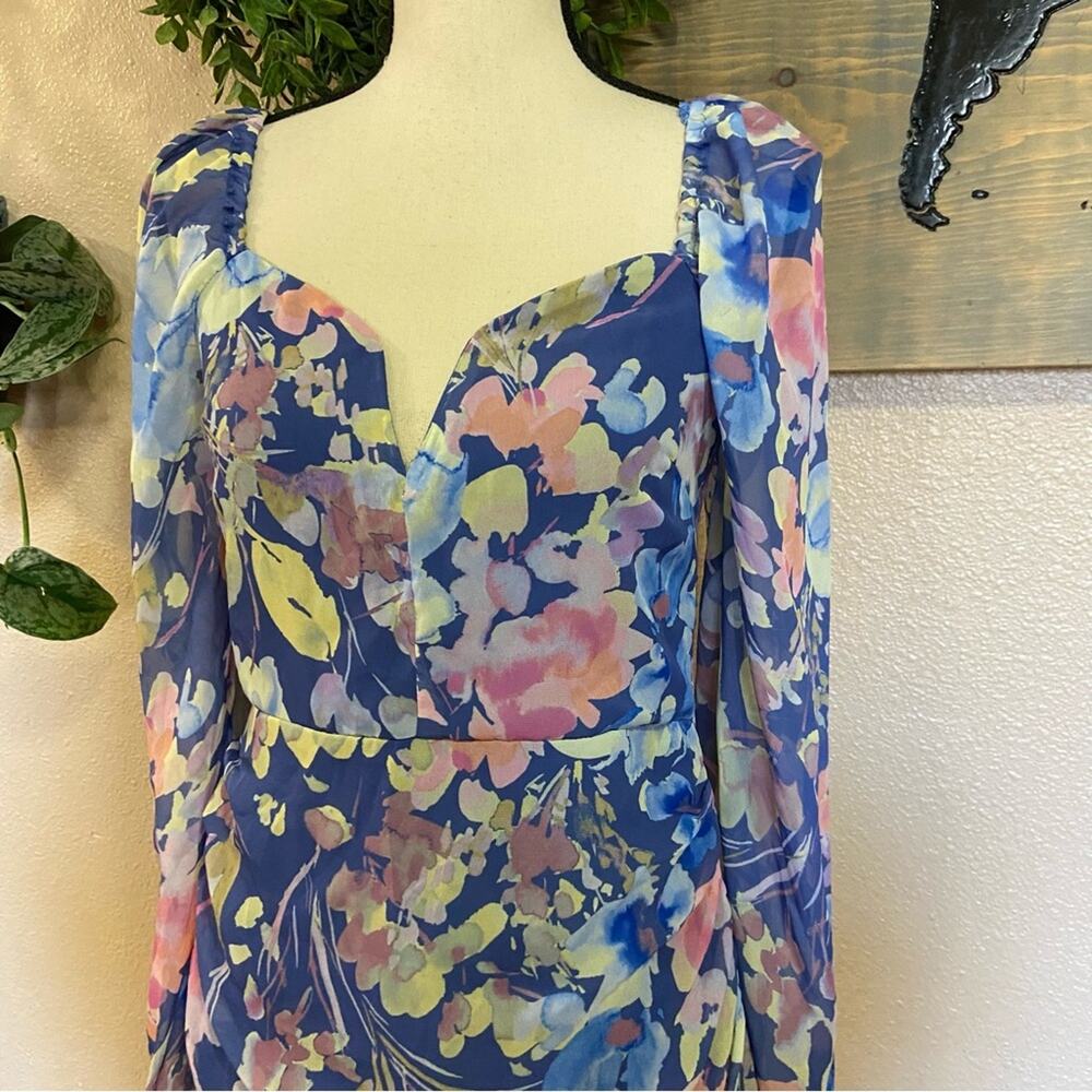 NWOT Lulus Beautiful Impression Blue Floral Chiffon Long Sleeve Mini Dre… - Picture 10 of 10